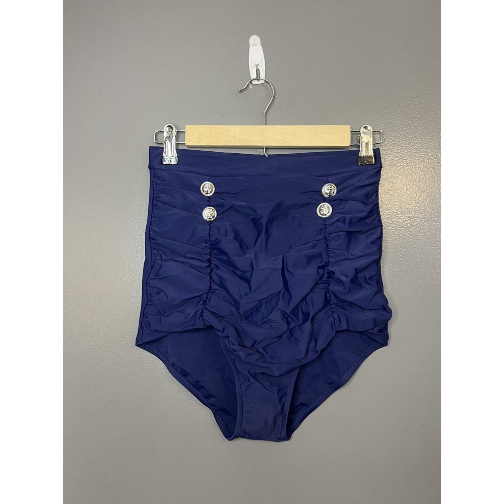 Cocoship Swim Bottom Womens Small Blue High Waisted Nautical Buttons Ruched